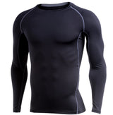 Men's fitness clothing featuring a black long-sleeve compression shirt. Made from polyester and spandex for durability and flexibility in training.