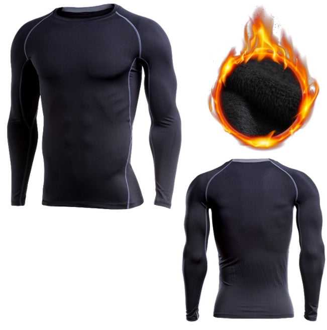 Men's fitness clothing featuring a black long-sleeve compression shirt. Made from polyester and spandex for durability and flexibility, ideal for training.