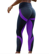 Black and purple seamless leggings with a honeycomb pattern, perfect for gym workouts and running.