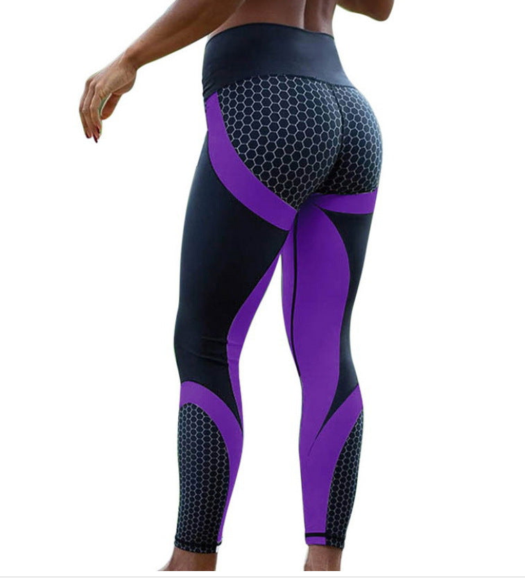 Black and purple seamless leggings with a honeycomb pattern, perfect for gym workouts and running.