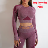 Seamless yoga pants and long sleeve top set in maroon. Butt-lifting, slim-fit sportswear ideal for workouts and casual wear. Comfortable and stylish.