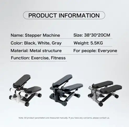 Product information for mini stepper exercise machine, detailing size, weight, material, and fitness functions. Ideal for home workouts and fitness training.