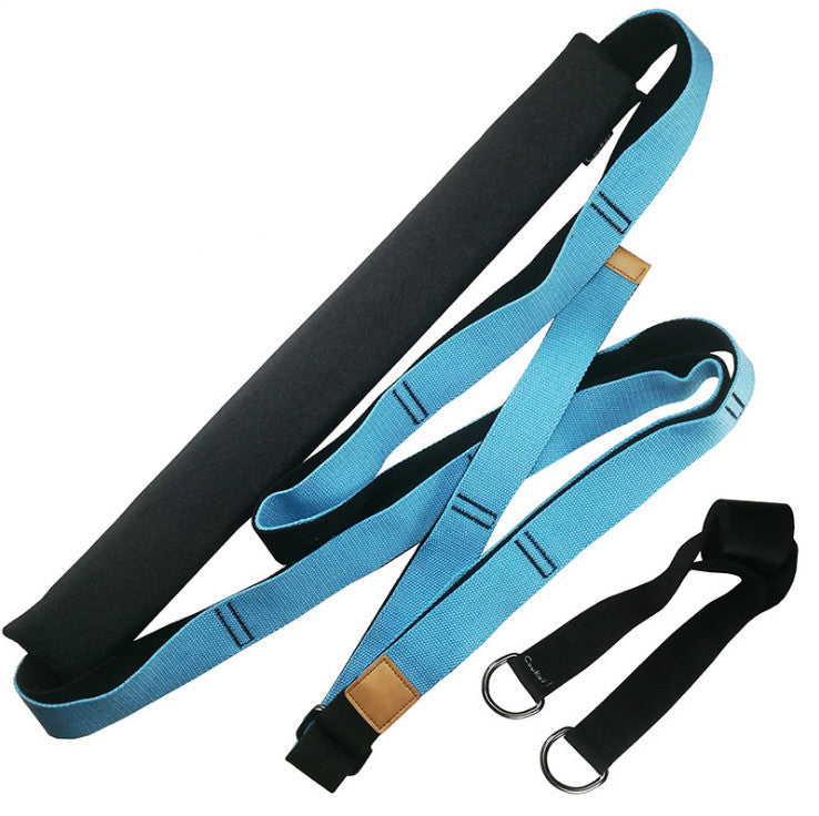 Blue and black yoga strap gym belt set with D-ring attachments. Durable and multi-functional for stretching and exercise.