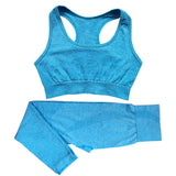 Blue women’s high-waist gym set with a seamless sports bra and leggings. Breathable, quick-dry fabric for comfortable workouts and activewear.