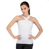 White back cross fitness sports top with a sleek design, ideal for workouts. Made from a breathable nylon-spandex blend for maximum comfort.