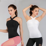 Black and white back cross fitness tops designed for active wear. Made from Lycra and nylon-spandex blend for comfort and flexibility.