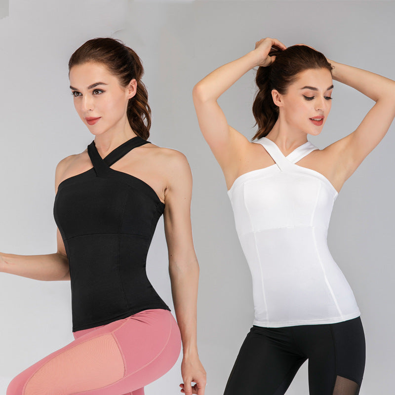 Black and white back cross fitness tops designed for active wear. Made from Lycra and nylon-spandex blend for comfort and flexibility.