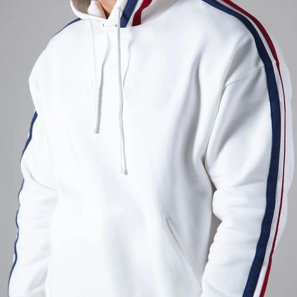 White sports fitness pullover with red and blue striped sleeves, featuring a hood and front pocket. Made of cotton, available in sizes S-3XL.