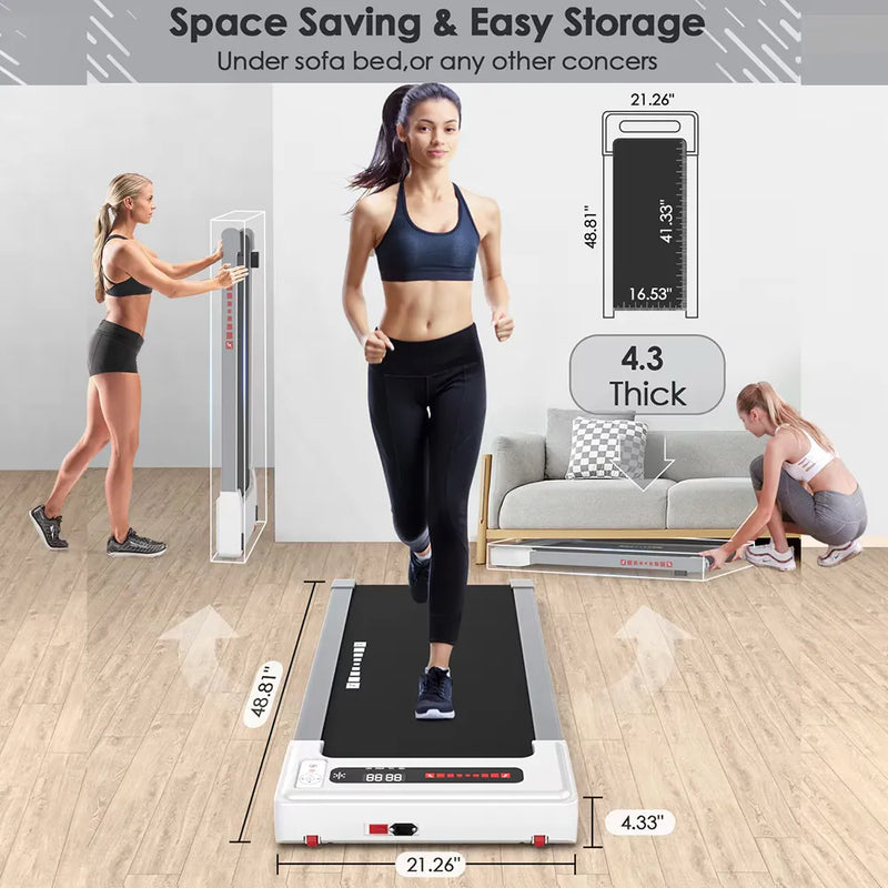 Compact mini treadmill designed for space-saving storage under a sofa or bed. Ideal for home workouts with a slim, foldable design.