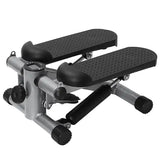 Mini stepper exercise machine with hydraulic resistance, black textured foot pedals, and LCD monitor for tracking workouts. Compact and durable design.