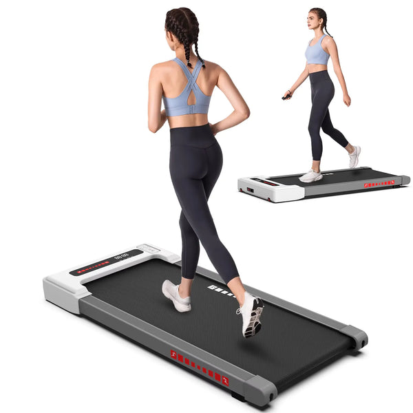 Portable under-desk treadmill with a sleek, quiet design. Perfect for walking or jogging while working or watching TV.