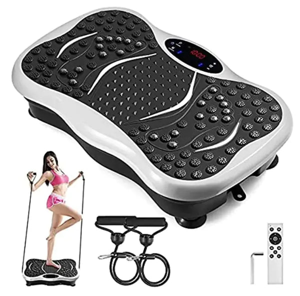 Whole Body Vibration Machine in silver with resistance bands and remote control. Ideal for home gym workouts to tone muscles and improve circulation.