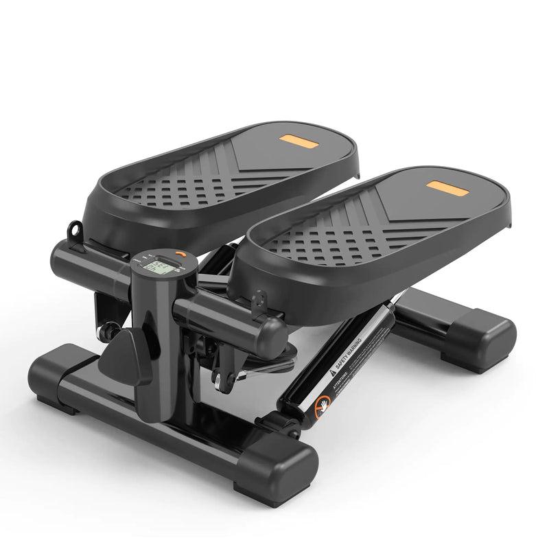 Black mini stepper with LCD monitor and textured foot pedals, designed for home workouts with adjustable resistance and compact design.