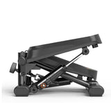 Side profile of black mini stepper with hydraulic resistance, adjustable incline, and durable steel frame for home exercise.