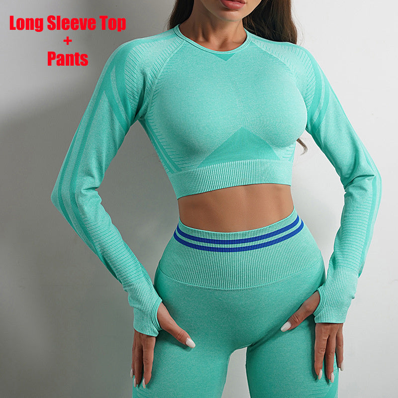 Seamless yoga pants and long sleeve top in mint green. Butt-lifting, slim-fit workout sportswear for gym and casual wear. Comfortable and stylish.