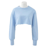 Light blue women's crop fitness sport top with long sleeves and round collar. Perfect for exercising or athleisure styling.