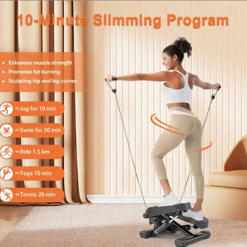 Home workout mini stepper with resistance bands, promoting fat burning and muscle toning in a 10-minute slimming program.