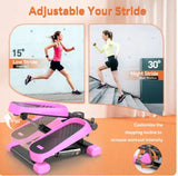 Pink and black mini stepper with adjustable stride angles for home office exercise, featuring resistance bands and LCD monitor.