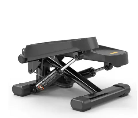 Side view of black mini stepper with hydraulic resistance, adjustable incline, and sturdy steel construction for home fitness.