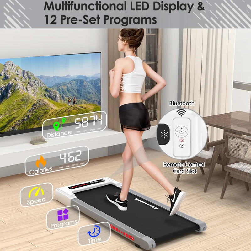 Mini treadmill with LED display and 12 pre-set programs. Tracks distance, calories, and speed with Bluetooth connectivity.