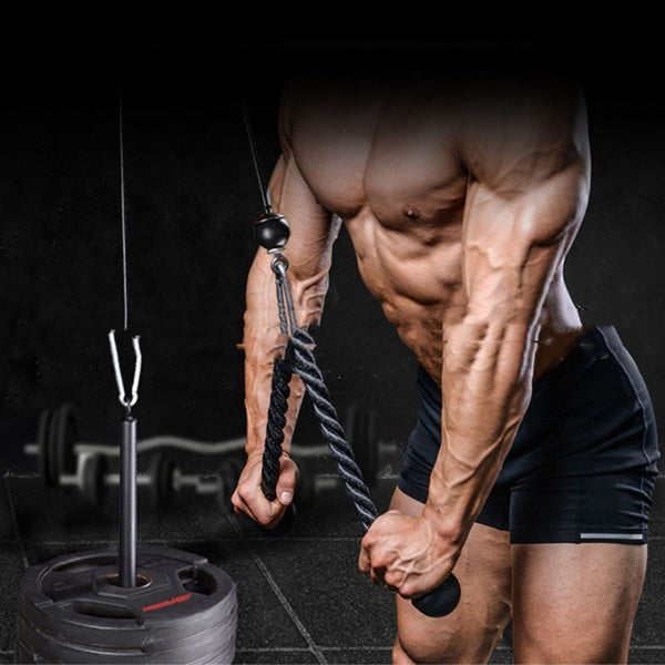 Pulley Suit Fitness Equipment used for tricep workouts. A muscular man demonstrates a home pulley system for strength training.