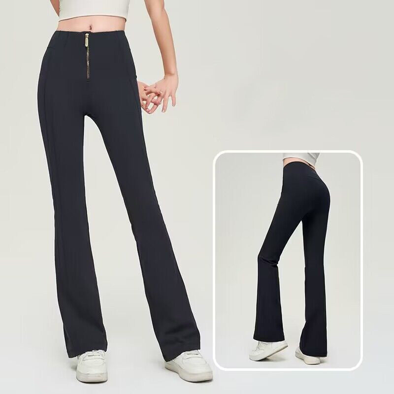 Black high waist slimming trousers with a front zipper, displayed from front and back. Designed for a sleek and stylish fit.