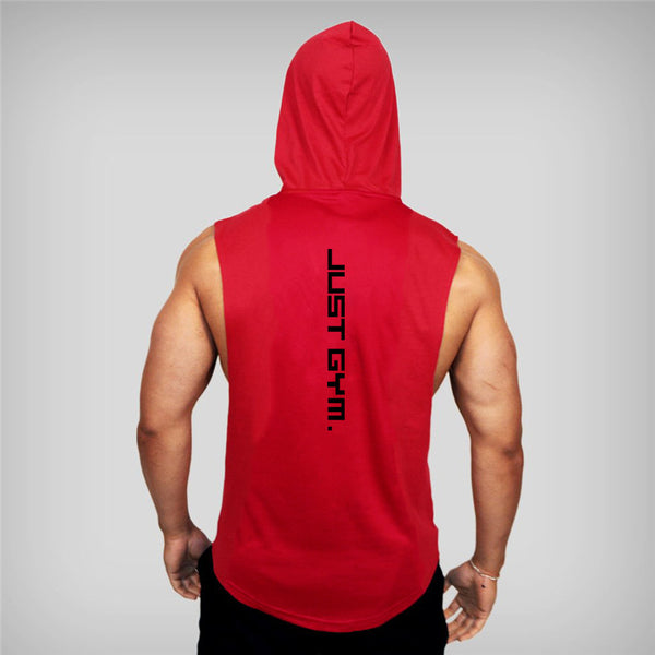 Men's hooded vest in red with 'JUST GYM' text on the back. Loose fitness wear made of cotton, ideal for sports and workouts.