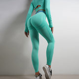 Seamless yoga pants and long sleeve top in mint green, featuring a butt-lifting design. Perfect for gym workouts and casual wear.