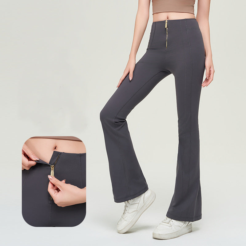 Dark gray high waist slimming trousers with a front zipper, paired with white sneakers. Inset image shows zipper detail for easy wear.