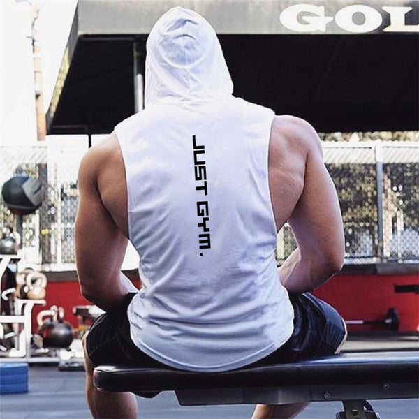 Men's hooded vest in white with 'Just Gym.' text on the back. Loose fitness wear made of cotton, ideal for sports and workouts.