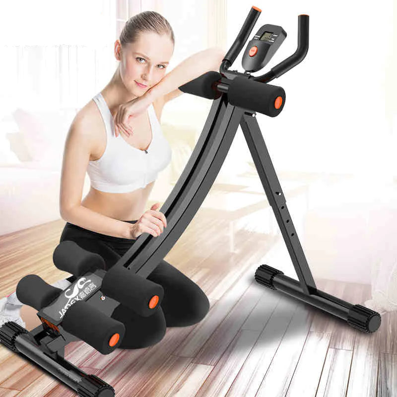 Woman using ab workout machine for core strengthening at home. Adjustable resistance and ergonomic design for effective abdominal exercises.