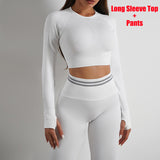 Seamless yoga pants and long sleeve top set in white. Butt-lifting, slim-fit workout sportswear for gym and casual wear. Comfortable and stylish.