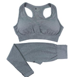 Gray women’s gym tracksuit set with a seamless sports bra and high-waist leggings. Stretchy, quick-dry fabric for fitness and activewear sessions.