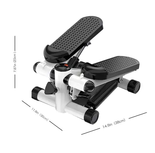 Mini stepper dimensions displayed, showing compact size for easy storage. Hydraulic fitness stepper with LCD monitor for home workouts.